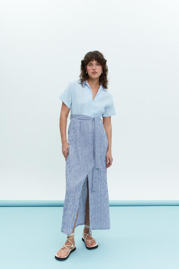 Strippy Long Dress With Front Opening