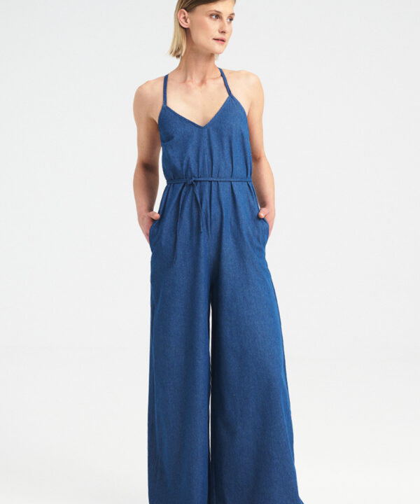 Cross-Back Denim Jumpsuit