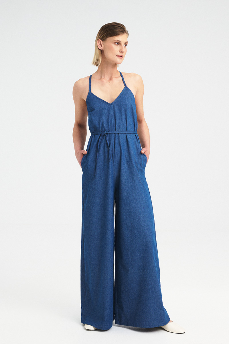 Cross-Back Denim Jumpsuit