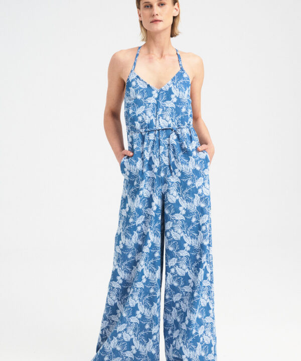 Cross-Back Denim Printed  Jumpsuit