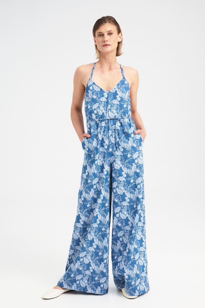 Cross-Back Denim Printed  Jumpsuit