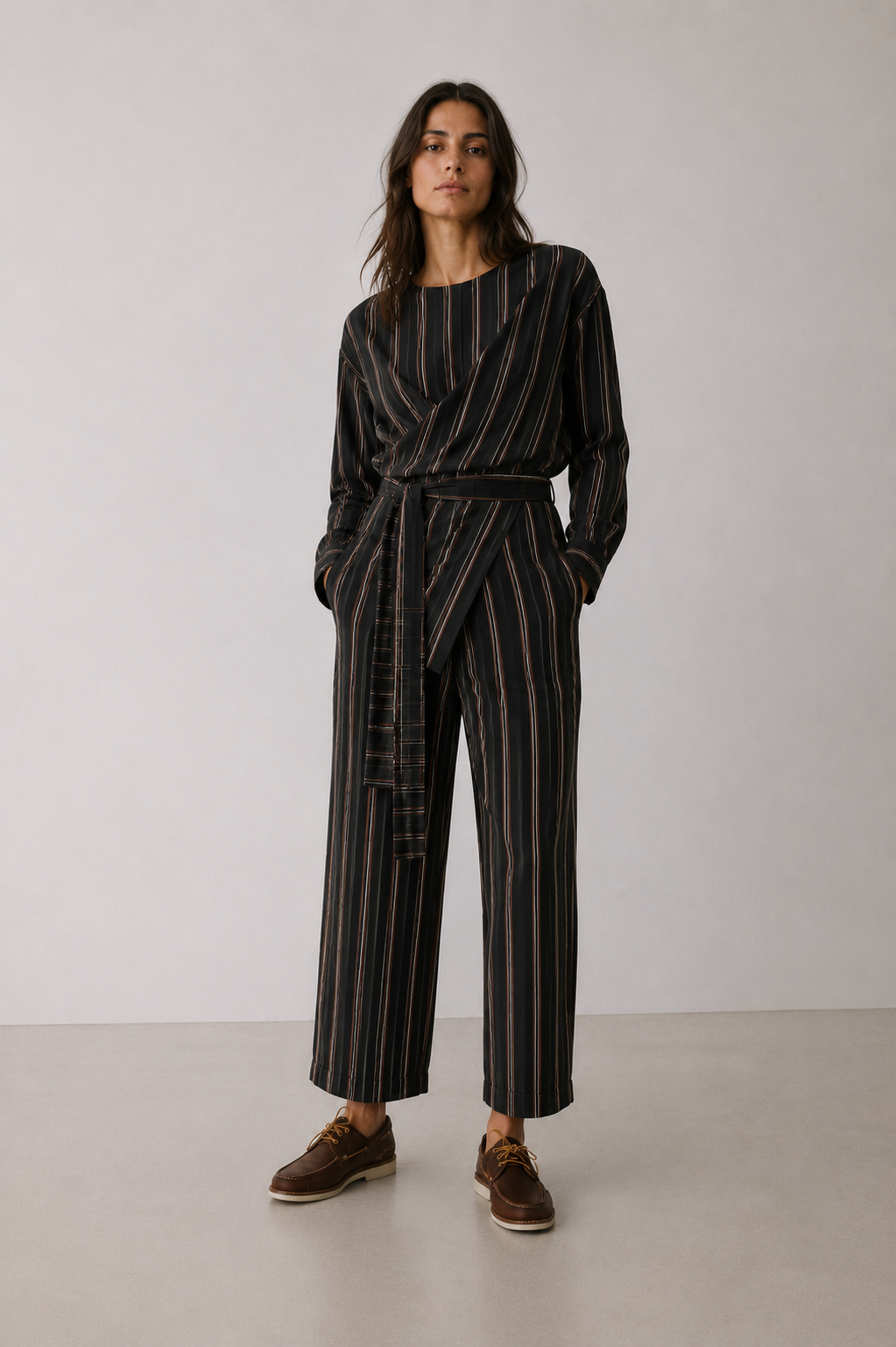 Long-Sleeve Striped Wrap Top