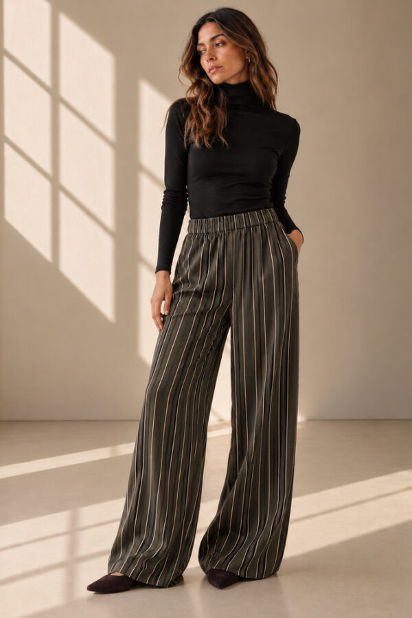Wide Leg Striped Trousers Olive